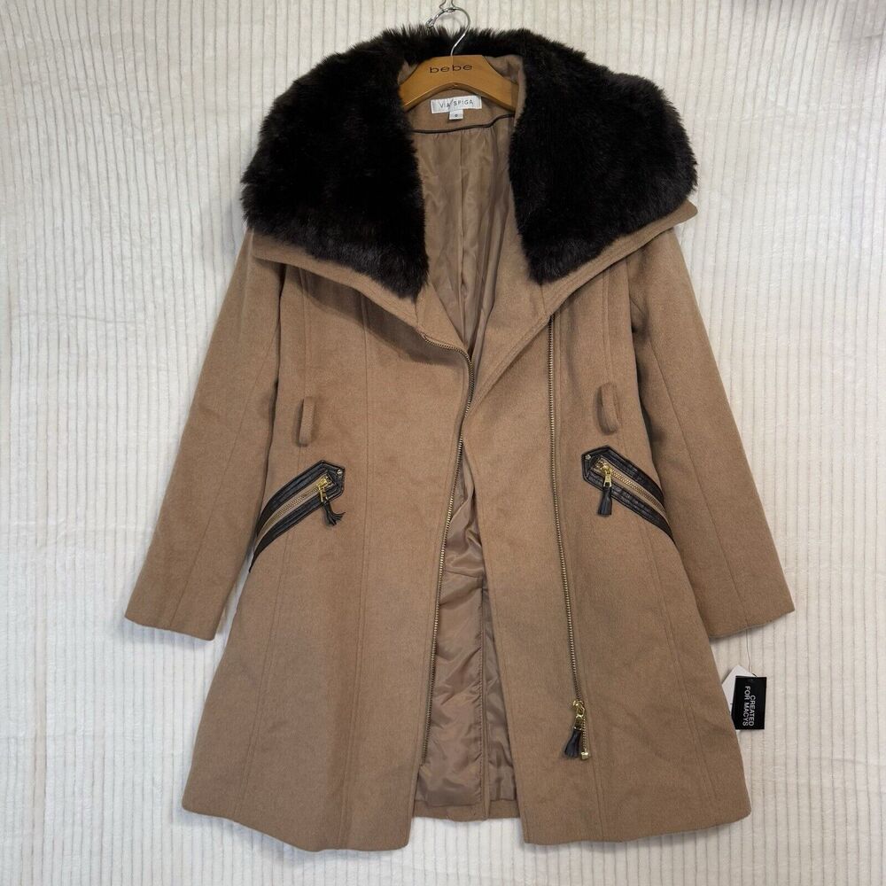 Via Spiga Camel‎ Faux Fur Wool Blend Pea Coat Women Sz 0 NWT $400 No Belt - Picture 15 of 16